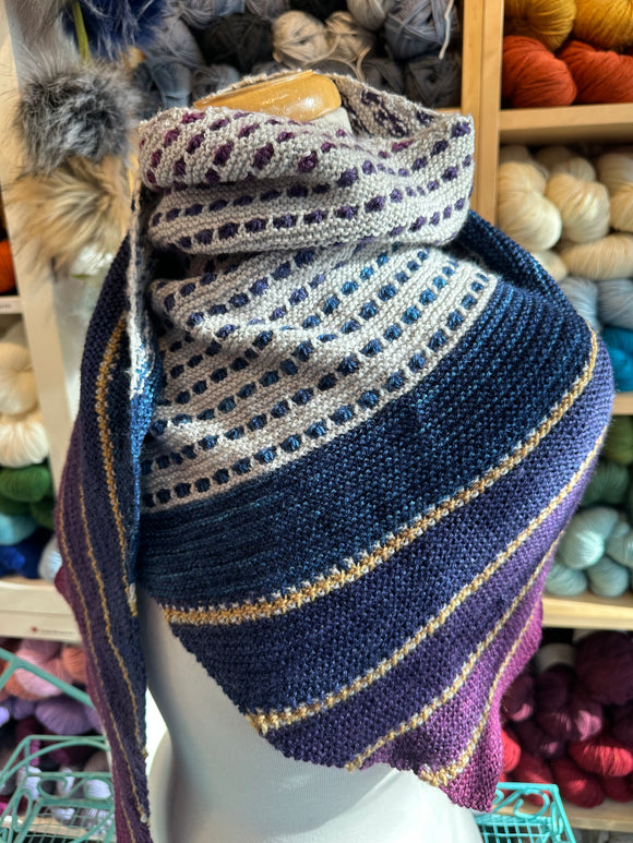 Sample Sale: Shawl, merino/silk in purple, grey & yellow