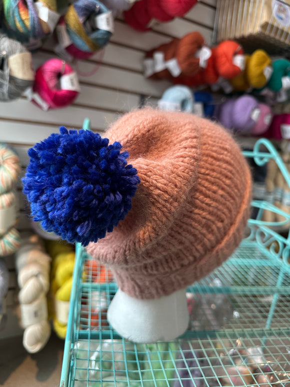 Sample Sale: Hat, pink alpaca with blue pompom