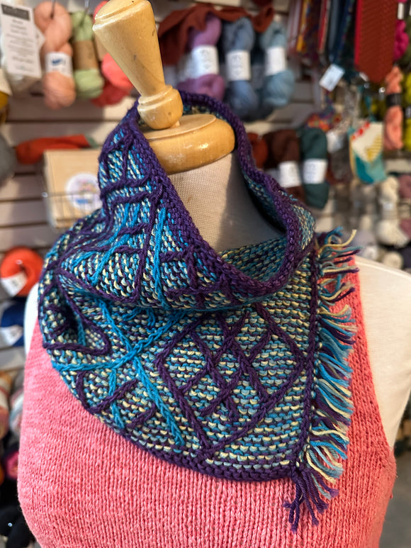 Sample Sale: Cowl, Mary Martin, purple/blue/yellow with fringe