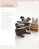 Knitted animal toys on a polka dot background with knitting instructions.