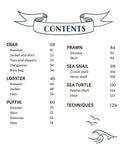 A printed catalog or booklet spread with a beige background, featuring a colorful beach-themed illustration on the left and a contents list on the right. The illustration shows a red lobster, a turtle, and a starfish on sand, while the right side lists chapter titles such as Crab, Lobster, Prawn, Sea Snail, and Techniques.