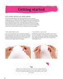 Knitting tutorial page with text and step-by-step instructions on holding needles and yarn.