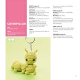 A printed knitting pattern booklet page showing crocheted animal keychains, including a pink and brown caterpillar and a yellow caterpillar, with text instructions and measurements for the 'CATERPILLAR' project.