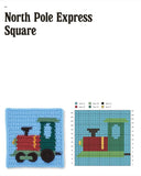 A crochet pattern booklet page titled 'North Pole Express Square' showing a crocheted train and carriage design, plus step-by-step instructions, color legend, and a small finished sample.