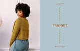 Woman wearing a mustard yellow cardigan with 'project 11 Frankie First Cardigan' text on a light blue background