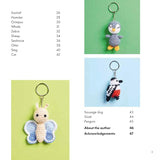 A printed contents page showing multiple crocheted keychains with small text columns, titles, and page numbers on a white background.