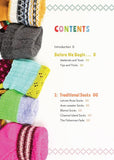 A printed contents page for a sock guide, with the title 'CONTENTS' and sections listing different sock types such as traditional, modern art, everyday, and signature socks. The left side shows several colorful knitted socks, and the right side has a clean white layout with headings and small text.