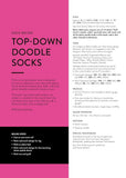 A printed knitting pattern spread sheet for 'Top-Down Doodle Socks' showing the recipe text on the left and several knitted socks with yarn balls on a light surface on the right.