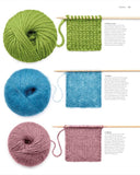 Yarn in various colours and thicknesses with knitted swatches on a white background