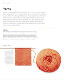 Yarn in various colours and thicknesses with knitted swatches on a white background