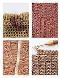 Four close-up photos of crocheted garments in beige, brown, and mauve tones, plus a crochet hook.