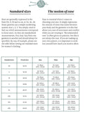 Measurement chart for clothing sizes with text explaining size standards and garment fit.