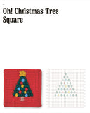 A printed page from a crochet or knitting pattern book titled 'Oh! Christmas Tree Square,' showing a finished red crocheted square with a decorated tree motif on the left, a large grid of green, blue, and yellow tree shapes in the center, and multiple rows of instructions on the right.