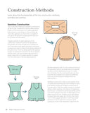 An educational sewing pattern guide page titled 'Construction Methods' by Made to Measure Couture, showing diagrams of seamless and seeded construction on garments like sweaters and vests.