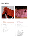 Table of contents for a knitting book with images of knitted items.