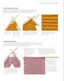 Knitting tutorial page with text and diagrams of reverse, twice knit, and Tunisian knitting techniques.