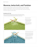 Knitting tutorial page with text and diagrams of reverse, twice knit, and Tunisian knitting techniques.