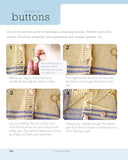 Step-by-step guide on button sewing with close-up images of hands and fabric.