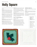 A book or magazine spread titled 'Festive Flora & Fauna' with a green left panel and a white right panel showing the 'Holly Square' crochet pattern, including instructions, a finished square sample, and a grid diagram.