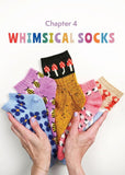 Colorful socks held by hands with text on a purple background