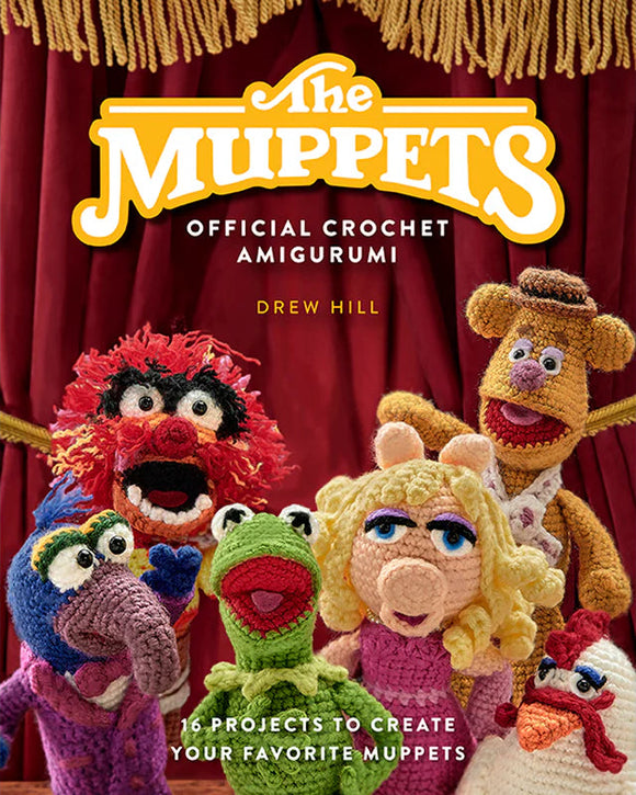 Book cover of 'The Muppets: Official Crochet Amigurumi' with Muppet characters against a red curtain background.