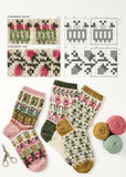 A flat lay of knitting patterns and finished patterned socks on a white background. The left panel shows two skeins of yarn, a pair of scissors, and printed pattern cards with stitch diagrams and finished sock samples.
