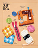 Illustrated craft room with crochet items on a beige background