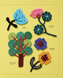 Colorful crochet patterns of trees and flowers on a yellow background