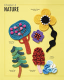 Colorful crochet patterns of trees and flowers on a yellow background
