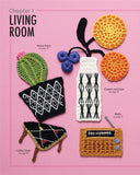 Collection of crocheted items on a pink background with 'Living Room' text.
