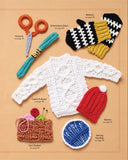 Illustrated craft items including a crochet sewing machine, scissors, and other crafting tools on a beige background.