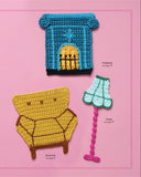 Collection of crocheted items on a pink background with 'Living Room' text.