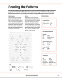 A printed reference page from a 100 Essential Knitting Wefts book, titled 'Embroidery' and 'Reading the Patterns', featuring diagrams, text instructions, and a conversion chart for yarn weights.