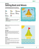 A printed knitting pattern sheet showing two motif designs: 'Moth 7: Flowers and Vines' on the left and 'Moth 8: Sailing Boat and Waves' on the right, with color charts, yarn color codes, and step-by-step knitting instructions.