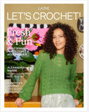 Magazine cover featuring a woman wearing a green knitted sweater with text 'Laine Let's Crochet!' and 'Fresh & Fun'.
