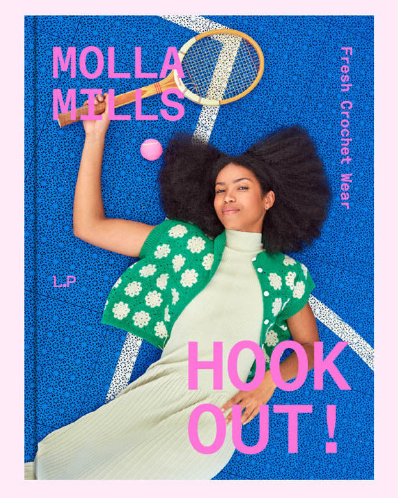Book cover with a person wearing a green and white crocheted sweater against a blue background with text.