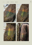 Step-by-step tutorial on embroidery on a jacket with text instructions.