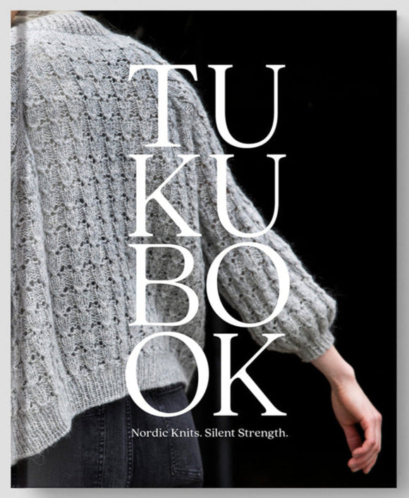 Book cover with 'TUK BOOK' and 'Nordic Knits, Silent Strength' text, featuring a person wearing a knitted sweater.