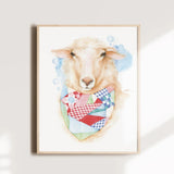 Framed artwork of a sheep with a colorful bandana on a white wall