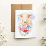 Card with a sheep illustration on a light background with flowers