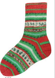 Red and green patterned socks on a white background