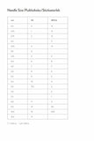 Knitting chart with needle size and yarn weight conversion on a white background