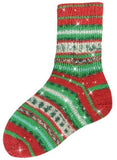 Red and green patterned socks with sparkles on a white background