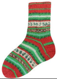 Red and green patterned socks on a white background